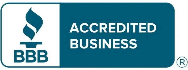 BBB Accredited Business logo, a white and teal badge. It features a flame icon and the words